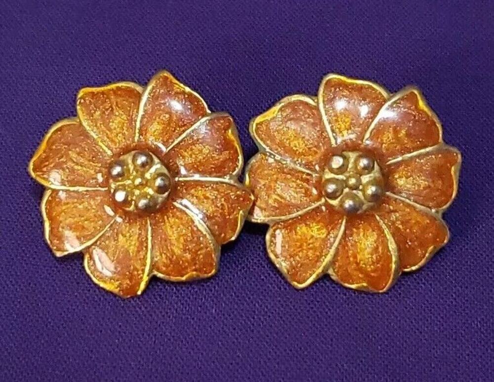 S T.abani Flower Shaped Earrings In Gold Plated Metal & Glittery Orange Enamel